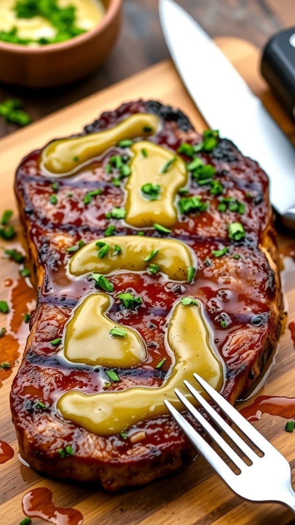 Garlic Butter Air Fryer Steak Recipe Juicy steak topped with garlic butter and herbs on a wooden board.